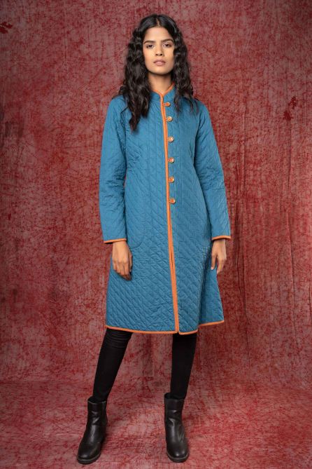 Blue Cotton Quilted Reversible Bukhara Coat-NVQJ384