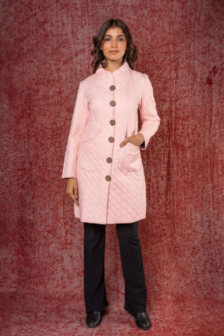 Pink Plain Quilted Winter Coat-NVQJ424