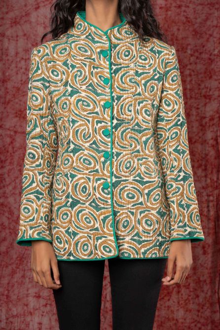 Green Block Printed Cotton Quilted Jacket