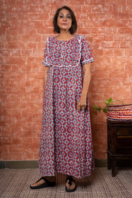 BLUE RED BLOCK PRINTED NIGHT GOWN-NG56