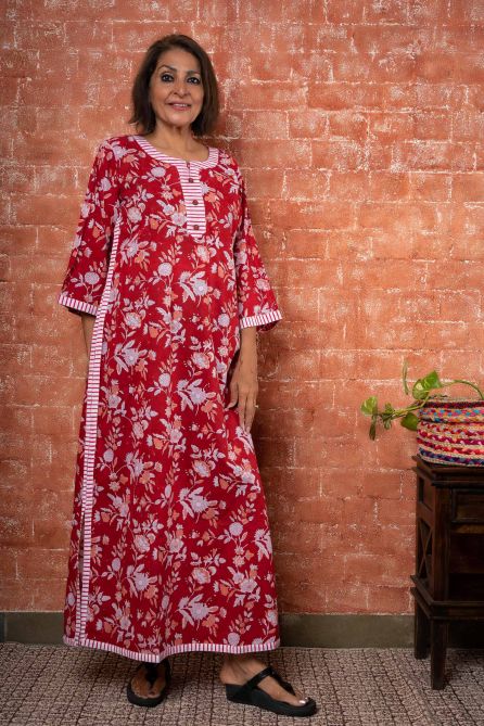 RED BLOCK PRINTED NIGHT GOWN-NG63