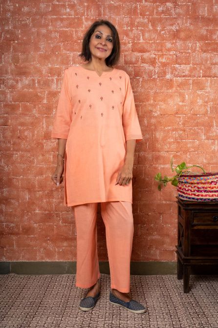Peach Embroidered Lounge Set-NS159