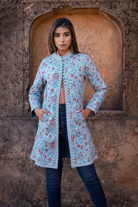 Blue Block Printed Quilted Coat-NVQJ452(3XL)