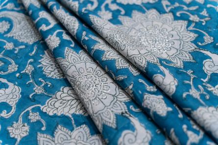 BREEZE BLUE FLORAL HAND BLOCK PRINTED COTTON FABRIC-HF5112