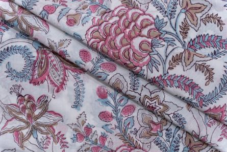 WHITE FLORAL HAND BLOCK PRINTED COTTON FABRIC-HF5091