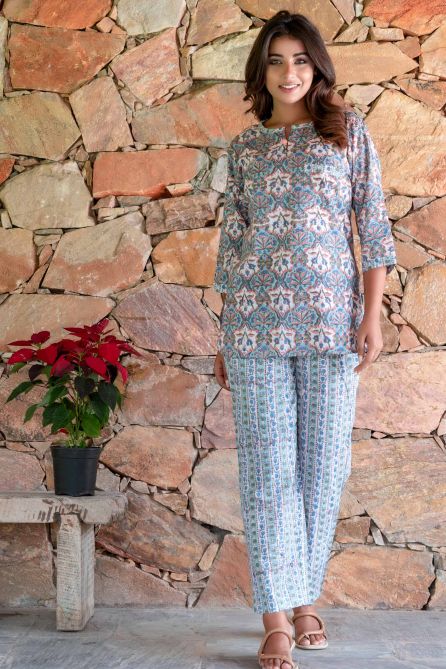 BLUE GREEN FLORAL BLOCK PRINTED NIGHT SUIT-NS135