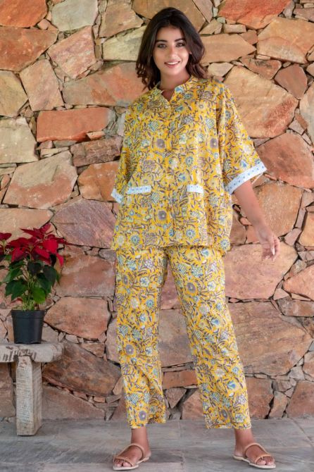 Yellow Floral Block Printed Baggy Night Suit
