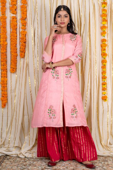 Pink Embroidered Muslin Silk Kurta Sharara Set-KS210