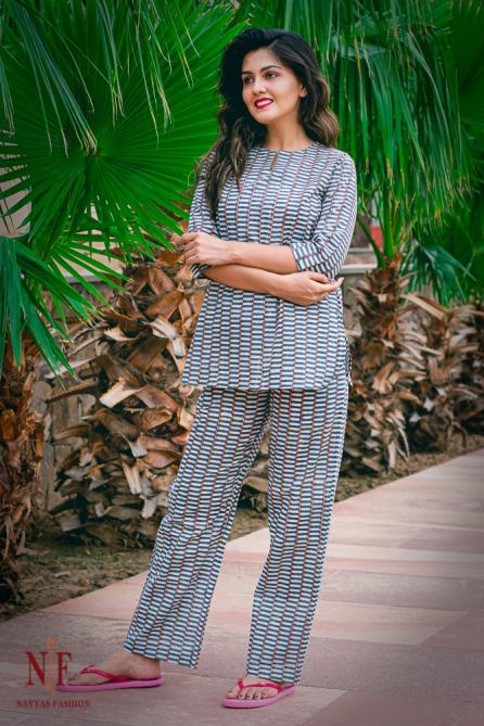 GREY STRIPED BLOCK PRINTED COTTON NIGHT SUIT-NS11