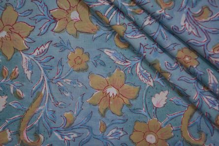 YELLOW FLORAL BLOCK PRINTED COTTON FABRIC -HF4720