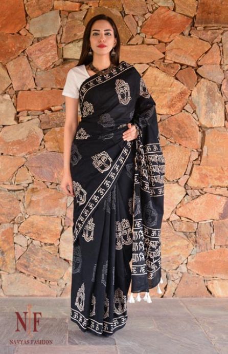 BLACK AND WHITE BLOCK PRINTED COTTON SAREES-NVCBS49