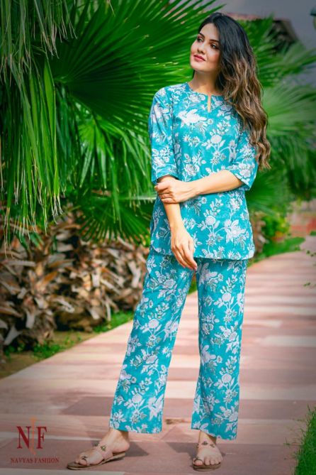 FLORAL BLOCK PRINTED COTTON NIGHT SUIT-NS32