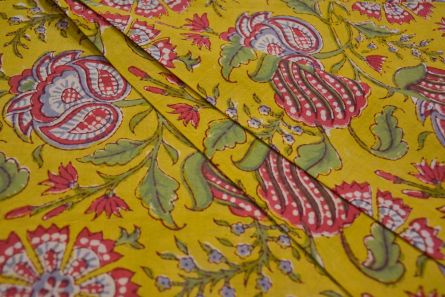 YELLOW FLORAL HAND BLOCK PRINTED COTTON FABRIC-HF4838