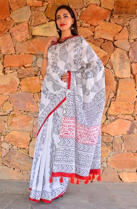 BLACK AND WHITE BLOCK PRINTED COTTON SAREES-NVCBS81