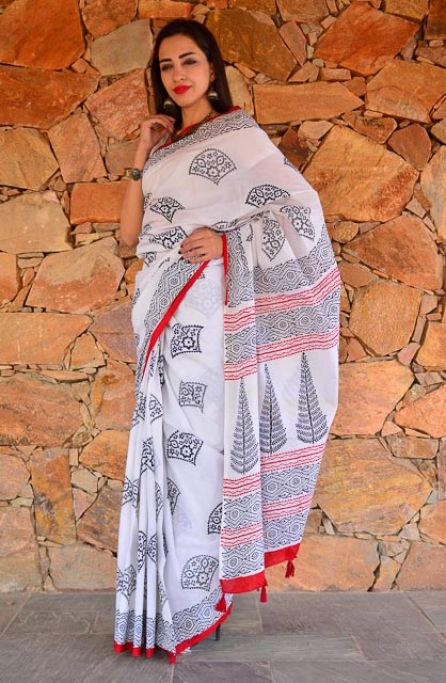 BLACK AND WHITE BLOCK PRINTED COTTON SAREES-NVCBS82