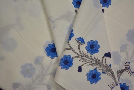 WHITE AND BLUE FLORAL COTTON HAND BLOCK PRINT FABRIC-NVHF4106