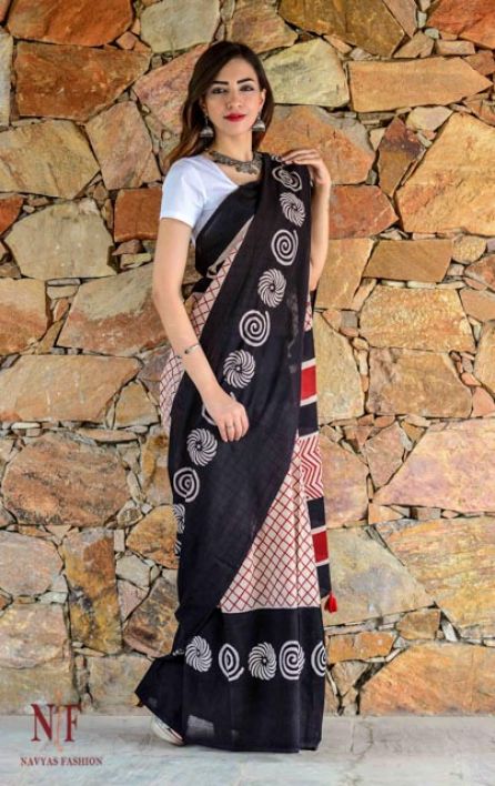 RED AND BLACK HAND BLOCK PRINTED COTTON SAREES -CBS19