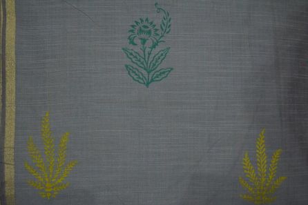 Grey Floral Block Printed Chanderi Fabric