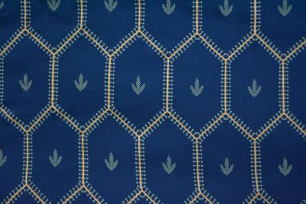 Navy Blue And Gold Hexagon Print Slub Rayon Fabric