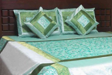 EMBROIDERED WATERFALL GREEN 5 PIECE SILK BEDCOVER SET-BB10