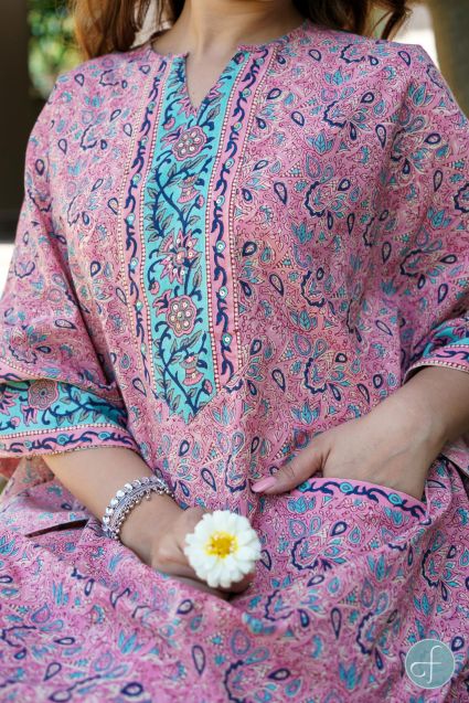 Pink And Blue Floral Block Print Kaftan Dress