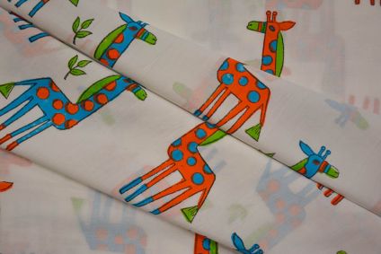 Blue Orange Giraffe Block Printed Cotton Fabric