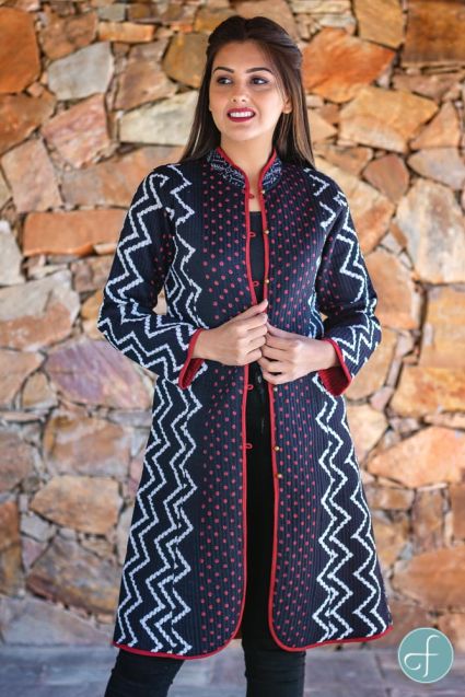 Black Red Block Printed Reversible Cotton Quilted Coat- NVQJ257