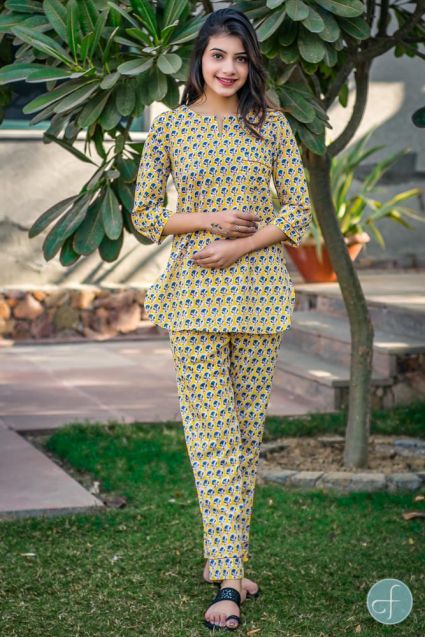 YELLOW FLORAL BLOCK PRINTED NIGHT SUIT-NS95