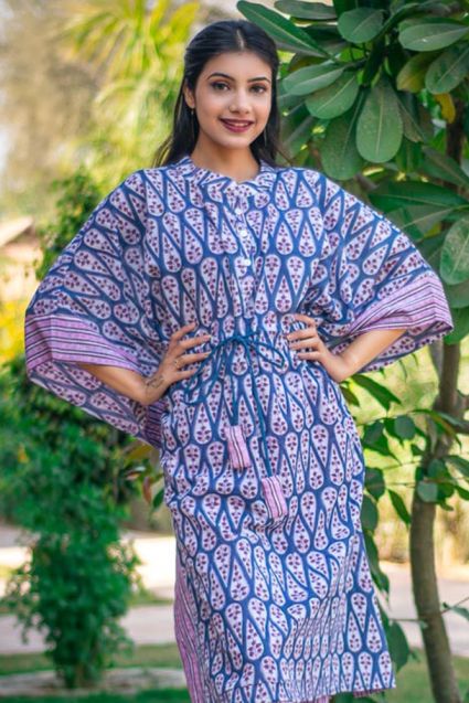 Blue And Pink Block Printed Kaftan Dress 