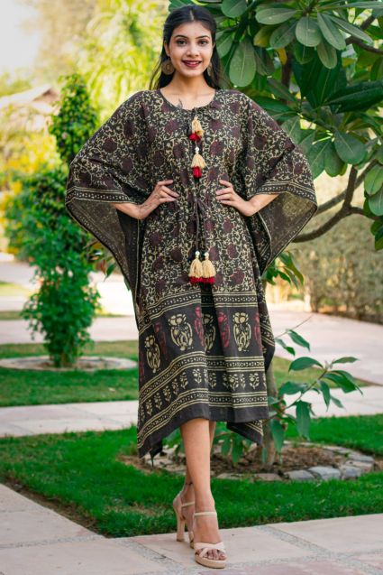 Natural Dye Brown Block Printed Cotton Kaftan Dress