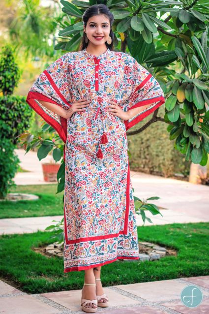 Multicolor Floral Block Printed Cotton Kaftan Dress