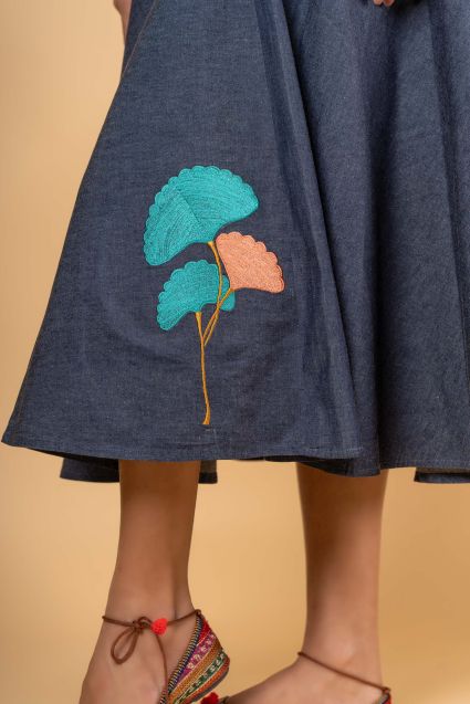 Denim Embroidered Flaired Skirt
