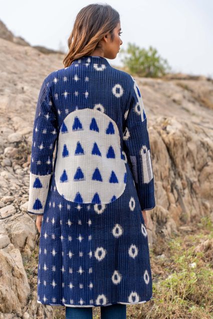 Blue Double Ikat Patch Work Quilted Long Coat