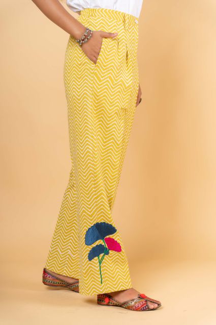 YELLOW COTTON EMBROIDERED HIGH WAIST PANT-NFB24