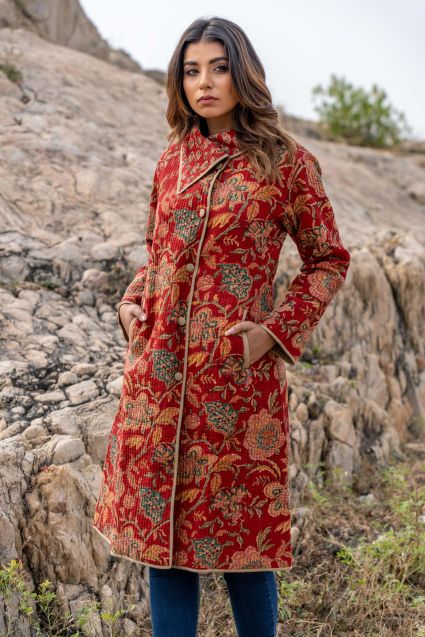 Red Floral Block Printed Quilted Bukhara Coat-NVQJ357