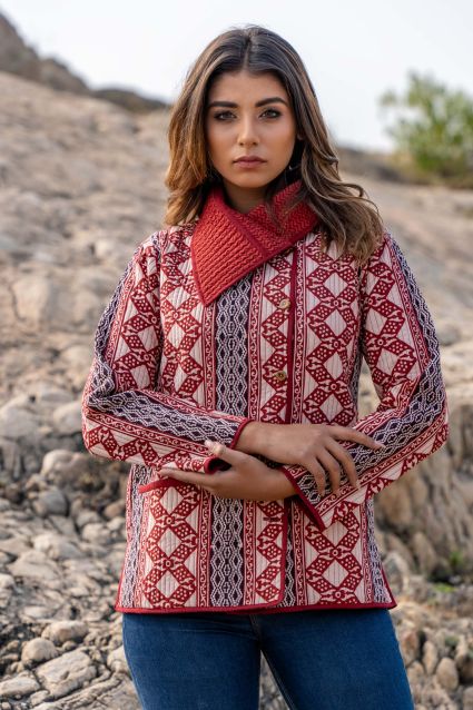 Red Bagh Block Print Quilted Bukhara Jacket