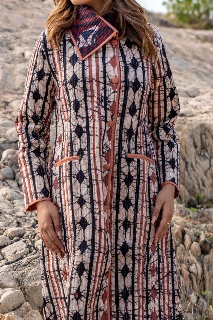 Natural Batik Block Printed Quilted Bukhara Coat