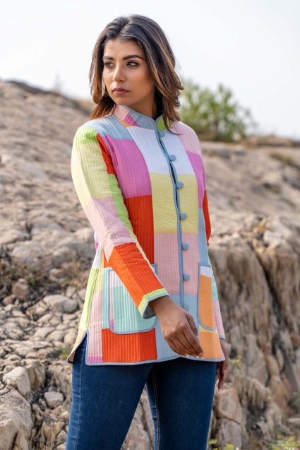 Multicolor Patchwork Reversible Quilted Jacket- NVQJ341