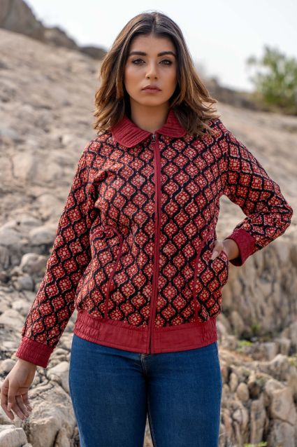 Red Bagh Block Print Quilted Bomber Jacket