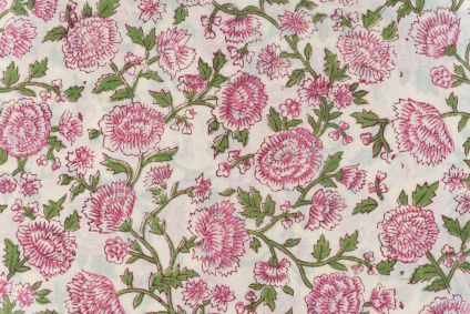Cream Pink Floral Block Printed Cotton Fabric