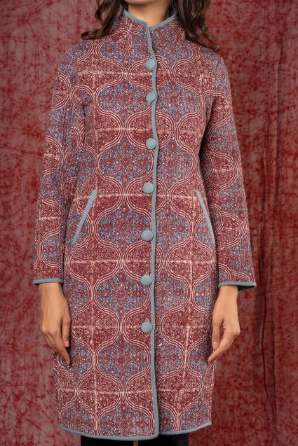 Ajrakh Block Printed Quilted Long Coat