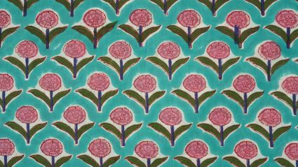 Ice Green And Pink Hand Block Print Cotton Fabric