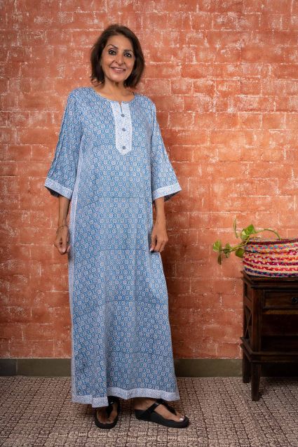 Blue Block Printed Night Gown