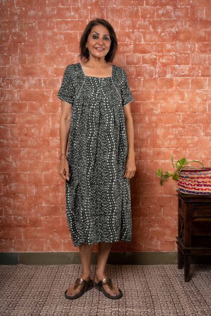 Olive Green Block Printed Night Gown