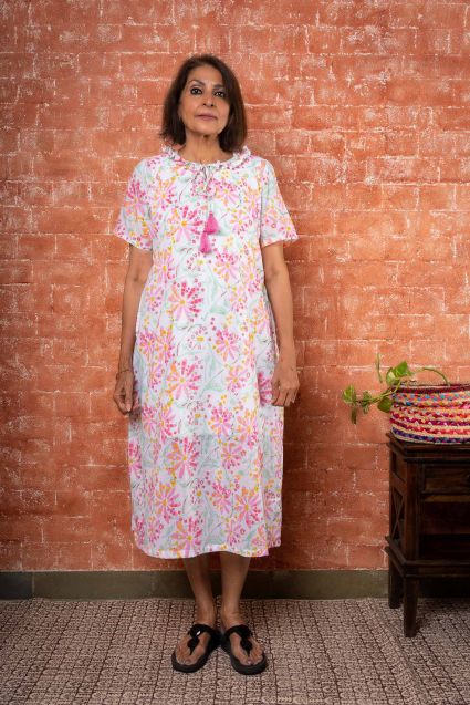 White Block Printed Night Gown