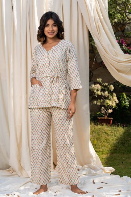 BUTTER CREAM BLOCK PRINTED NIGHT SUIT-NS163