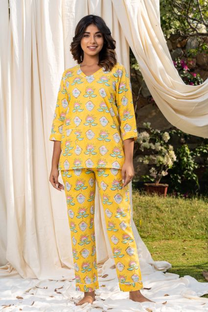 YELLOW FLORAL BLOCK PRINTED NIGHT SUIT-NS178