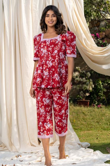 Red Floral Block Printed Capri Night Suit