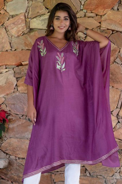 Quartz Purple Embroidered Muslin Silk Kaftan Only