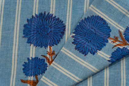 Blue Block Printed Khari Cotton Fabric